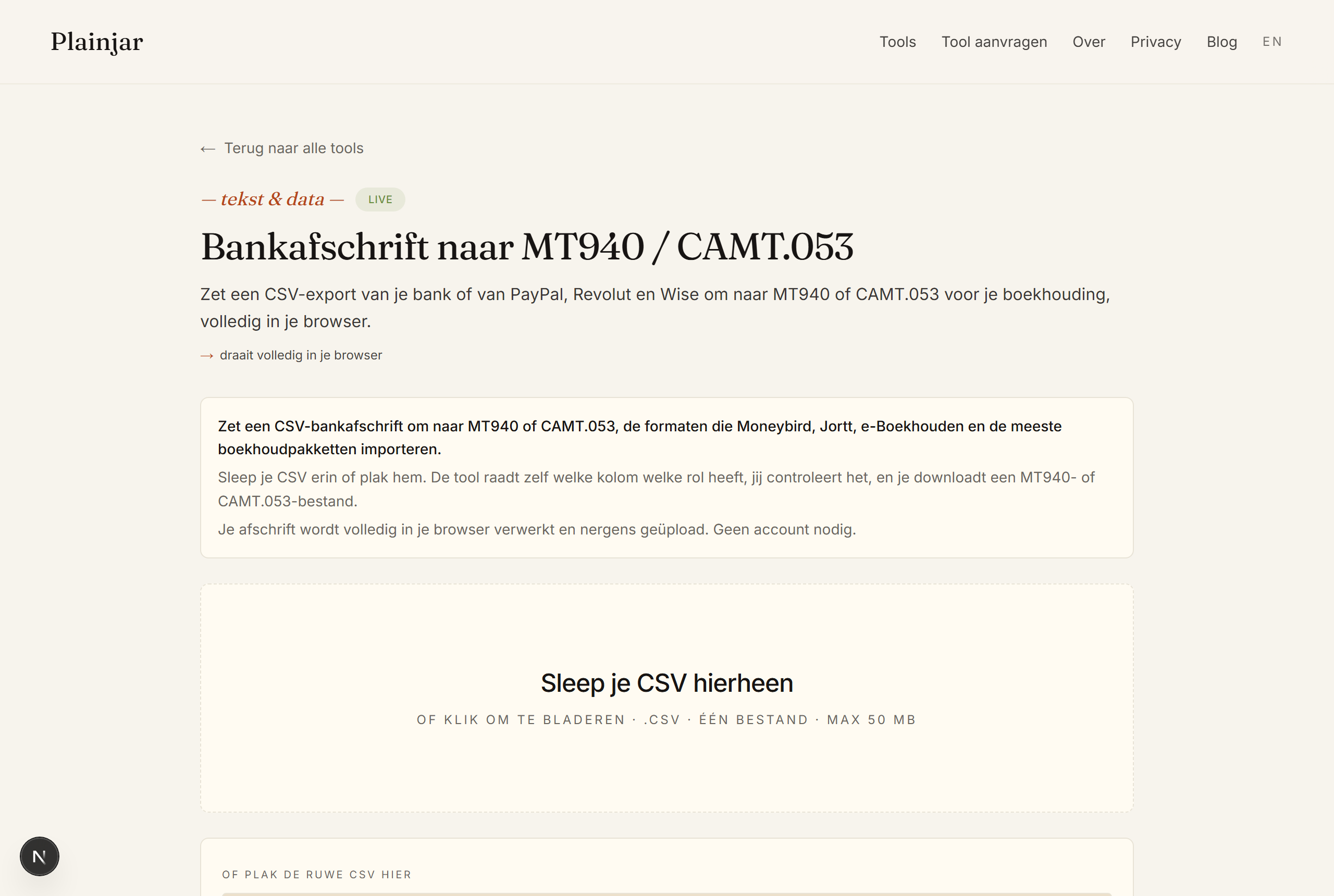 The 'Bank statement to MT940 / CAMT.053' tool on Plainjar: drop your CSV in, map the columns and download MT940 or CAMT.053.