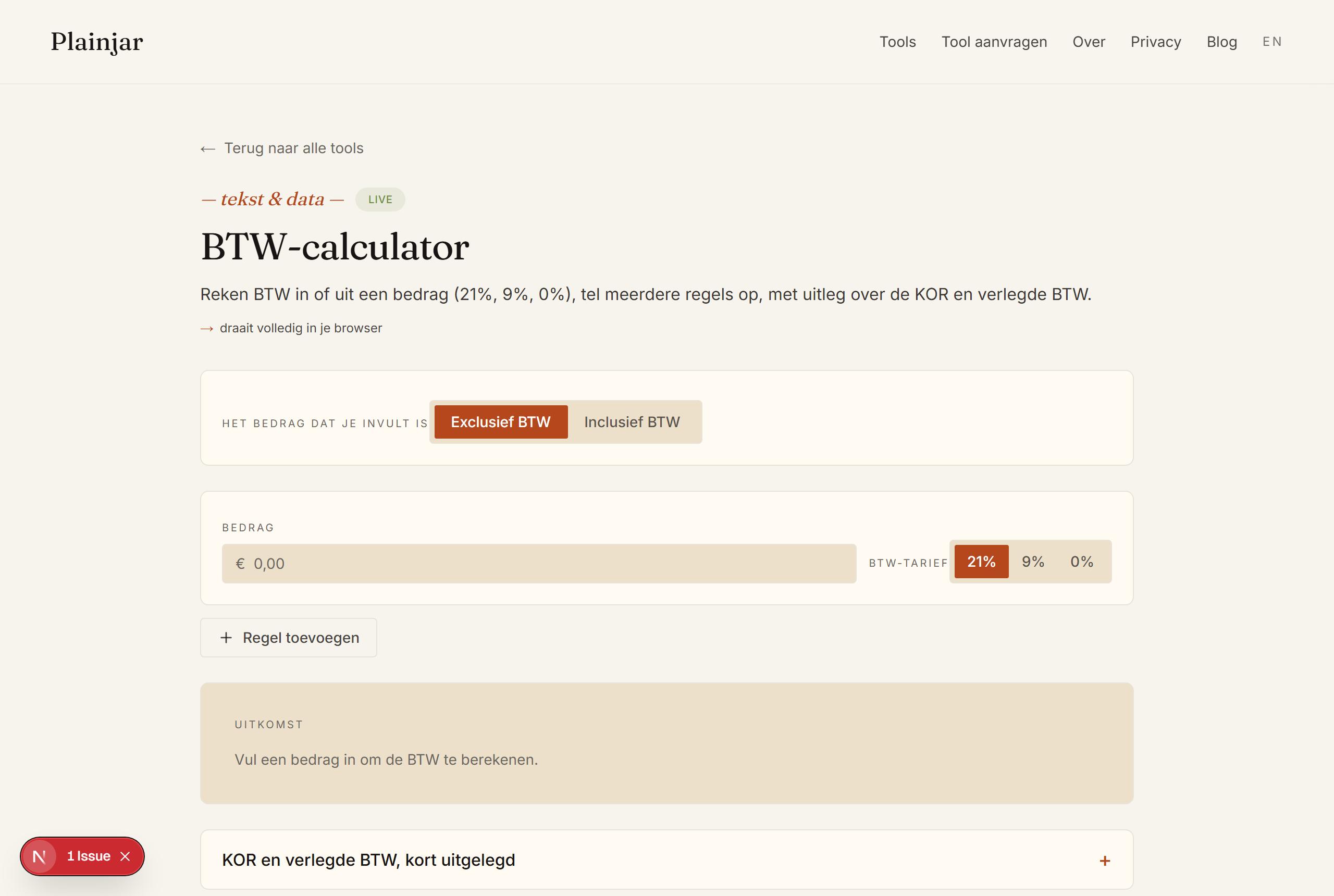 De tool 'BTW-calculator' op Plainjar: kies exclusief of inclusief, vul een bedrag in en zie de BTW en het totaal.