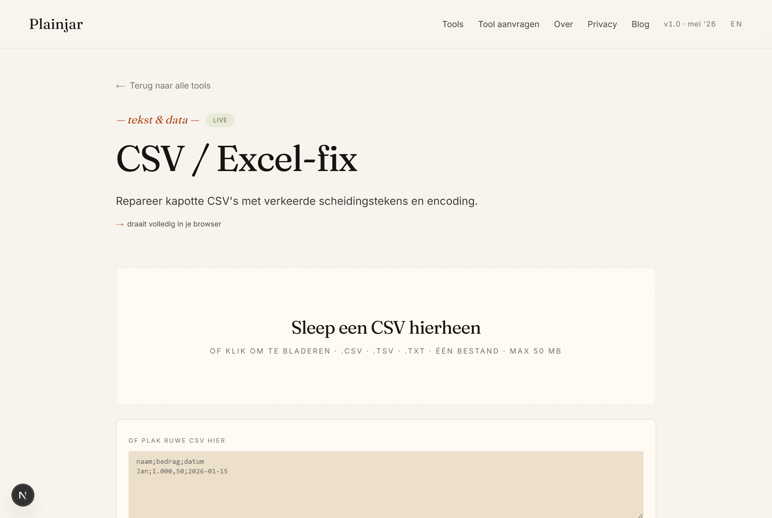 The 'CSV / Excel fix' tool on Plainjar: drop a CSV into the box and the tool detects the separator and encoding.