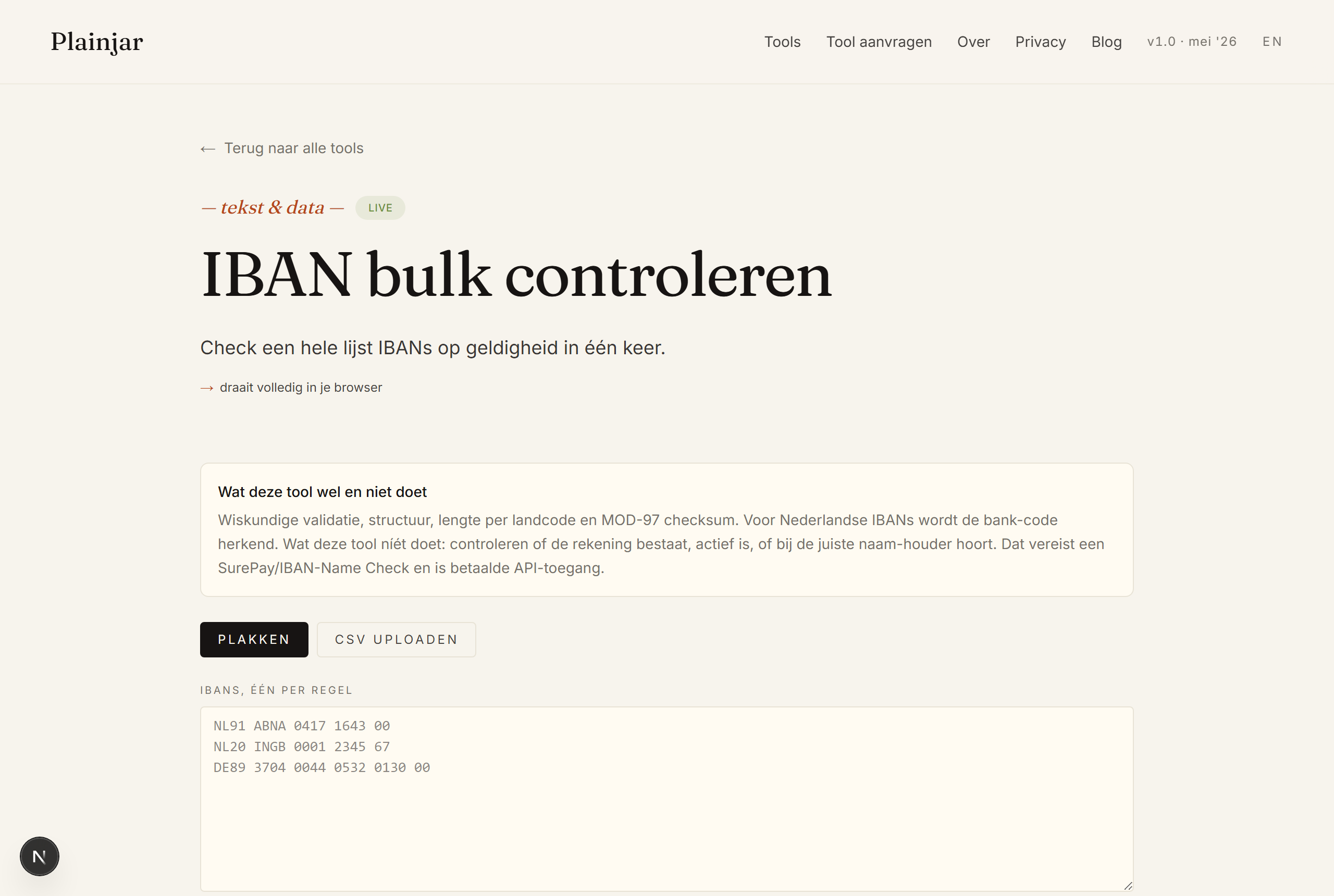 The 'IBAN bulk check' tool on Plainjar: paste a list of IBANs or upload a CSV and see the result per line.