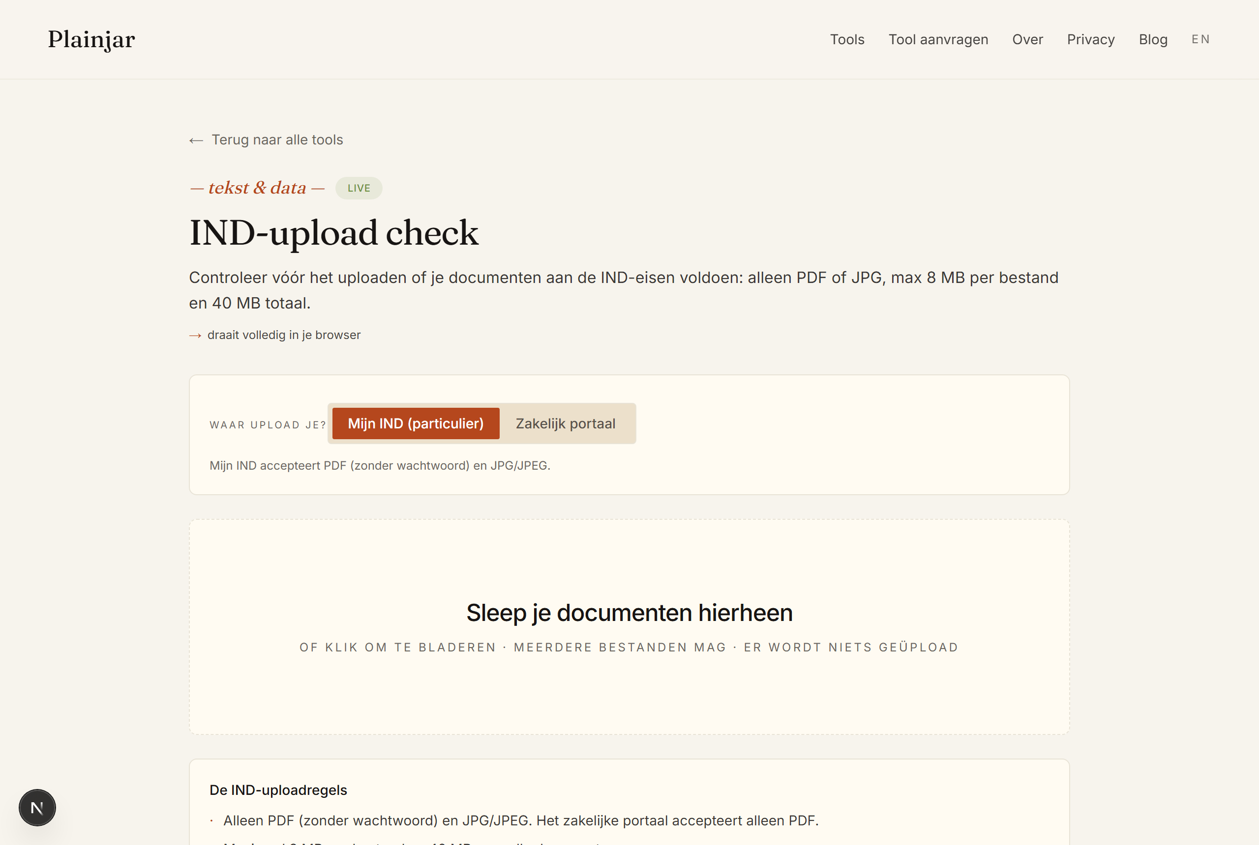 De tool 'IND-upload check' op Plainjar: sleep je documenten erin en zie per bestand of het voldoet aan de IND-eisen.
