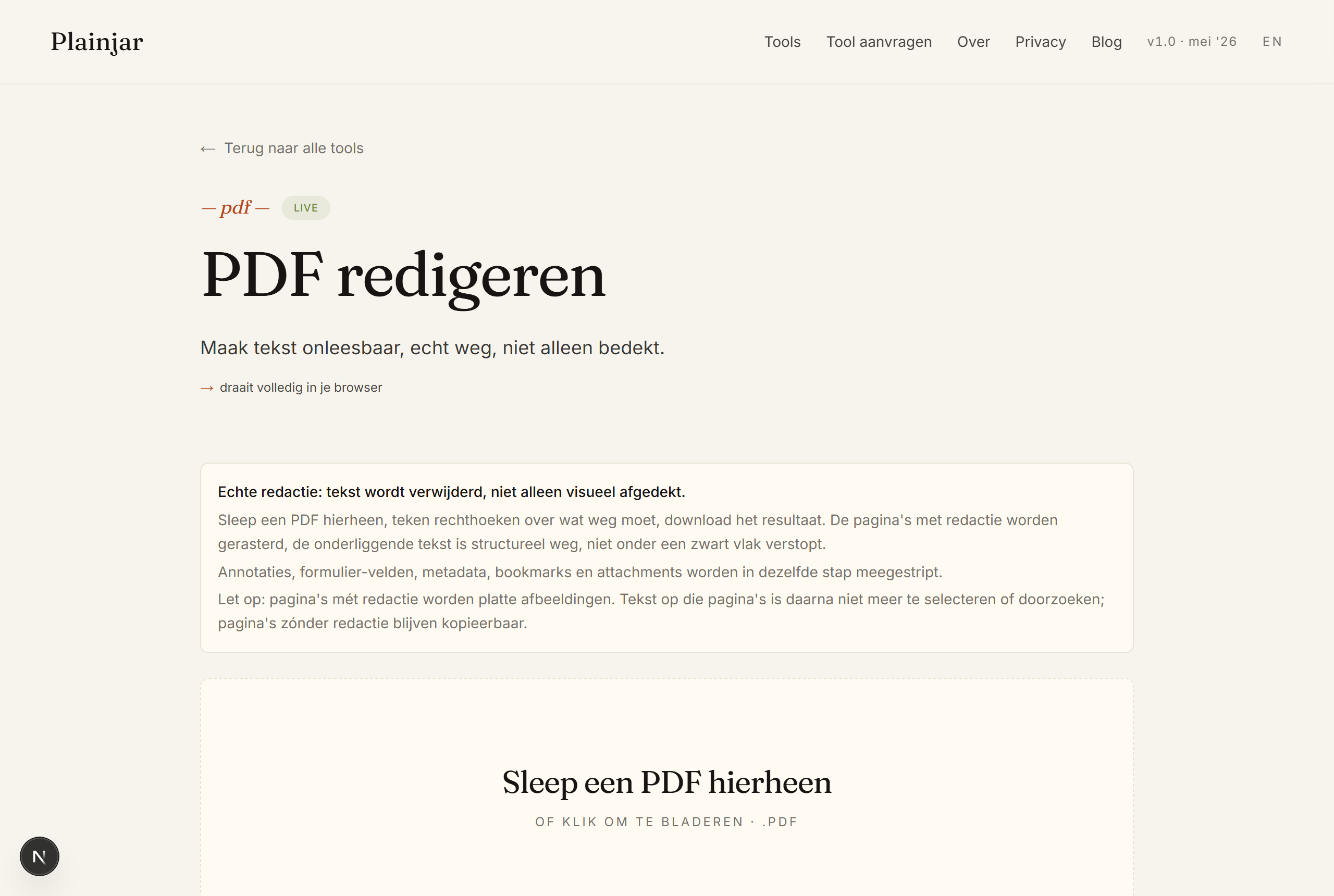 The 'PDF redaction' tool on Plainjar: draw rectangles over the text that has to go and download a PDF without that text.