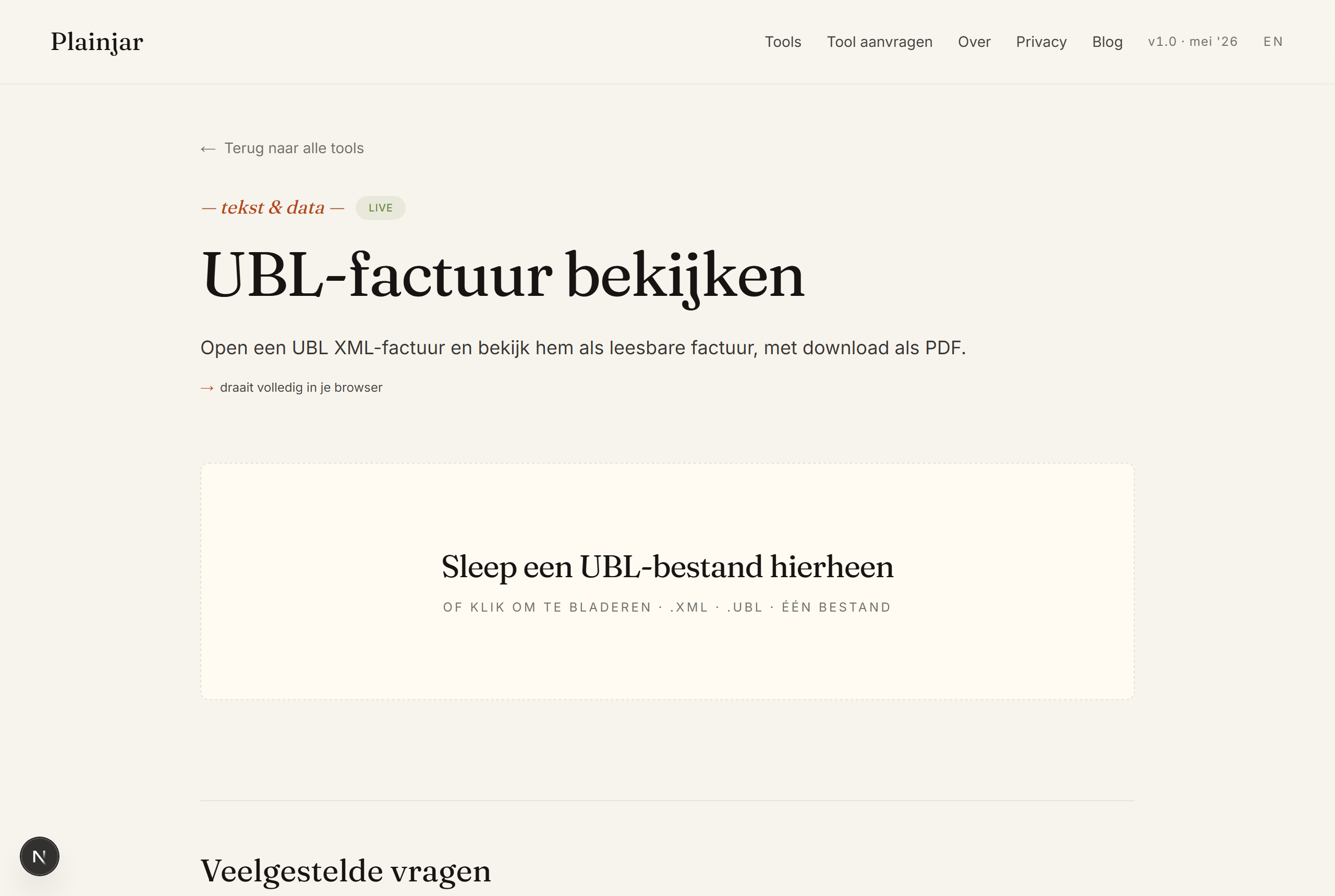 De tool 'UBL-factuur bekijken' op Plainjar: sleep een .xml-factuur erin en zie een leesbare factuur met leverancier, regels en totalen.